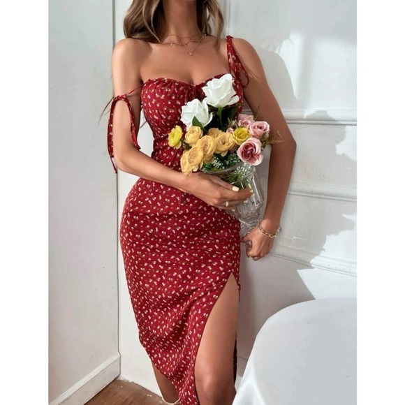 Frenchy Ditsy Floral Tie Shoulder Split Thigh Cami Dress - Picture 1 of 5
